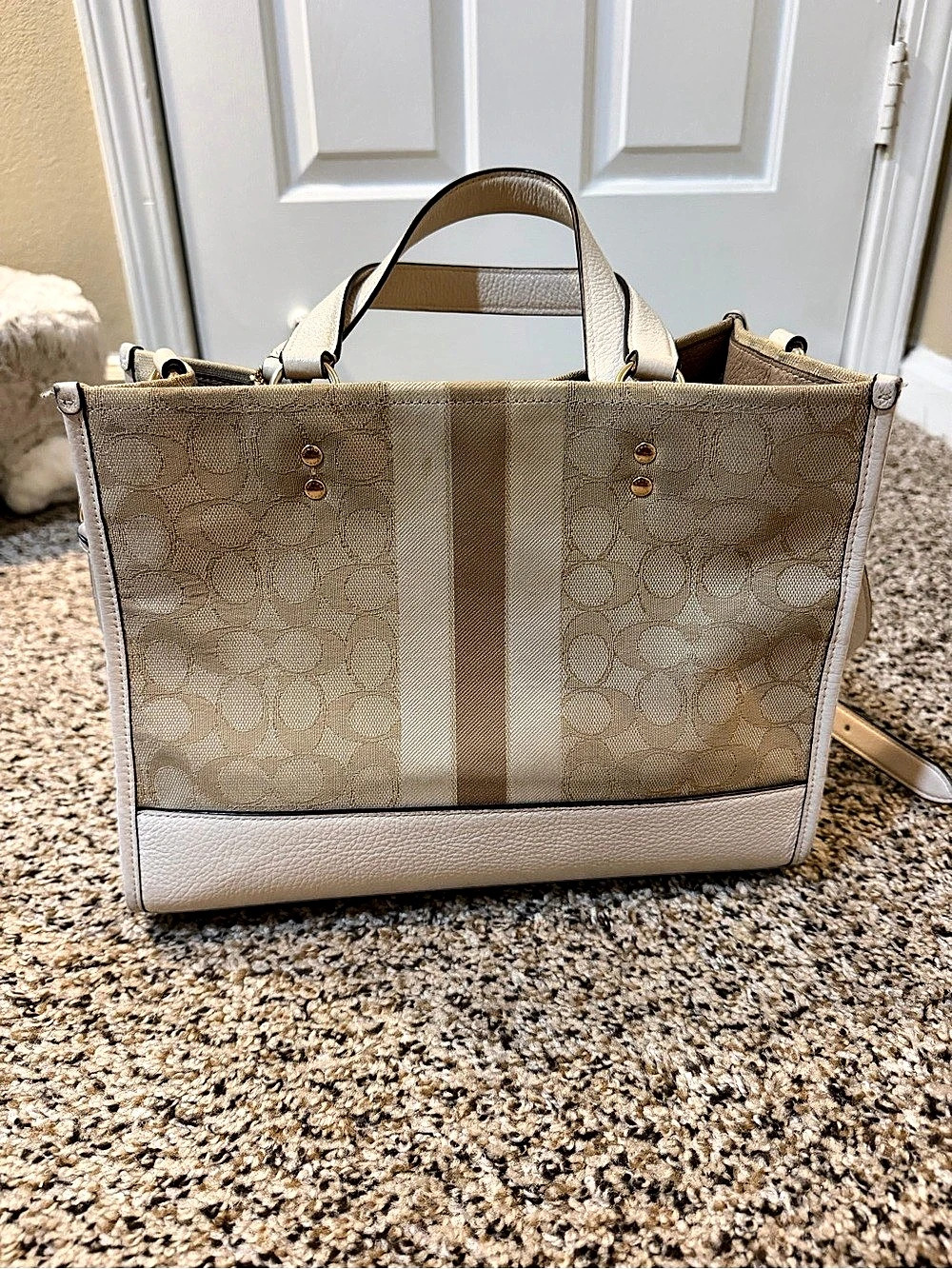 Coach Dempsey Tote 22 In Signature Jacquard With Stripe And Coach Patch